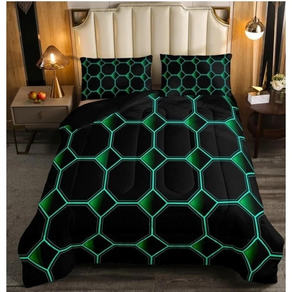 Hexagonal Bedding Set 3D Geometric Honeycomb Comforter Set Green Sz King